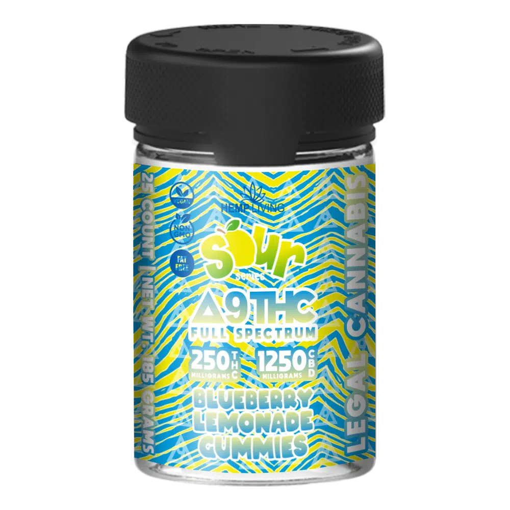 Hemp Living - Delta 9 Full Spectrum CBD Gummies - Sour Series - 25ct 1,250mg CBD 250mg Delta 9 THC - Blueberry Lemonade