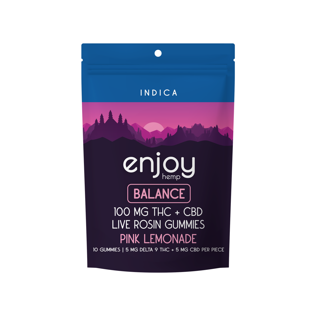 Enjoy Hemp - Live Rosin Microdose THC:CBD 1:1 100mg Gummies for Balance (Indica-Infused Pink Lemonade) - 10 mg each (5 mg Delta 9 THC + 5 mg of CBD) | 10 gummies