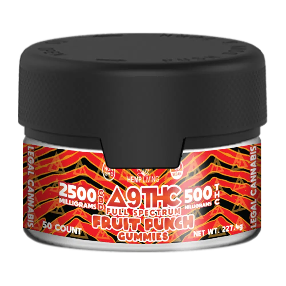 Hemp Living - Delta 9 Full Spectrum CBD Gummies 50ct 2,500mg CBD 500mg Delta 9 THC - Fruit Punch