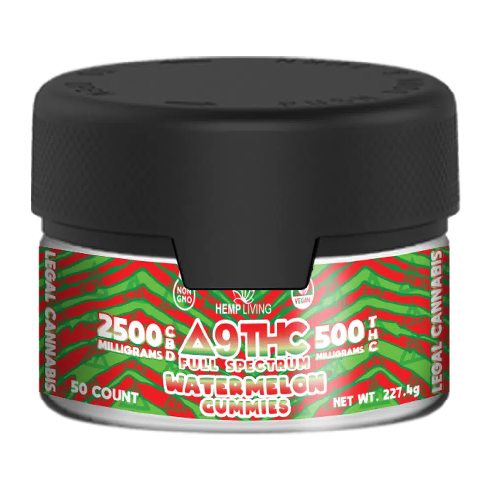 Hemp Living – Delta 9 Full Spectrum CBD Gummies 50ct – 2,500mg CBD 500mg Delta 9 THC – Watermelon