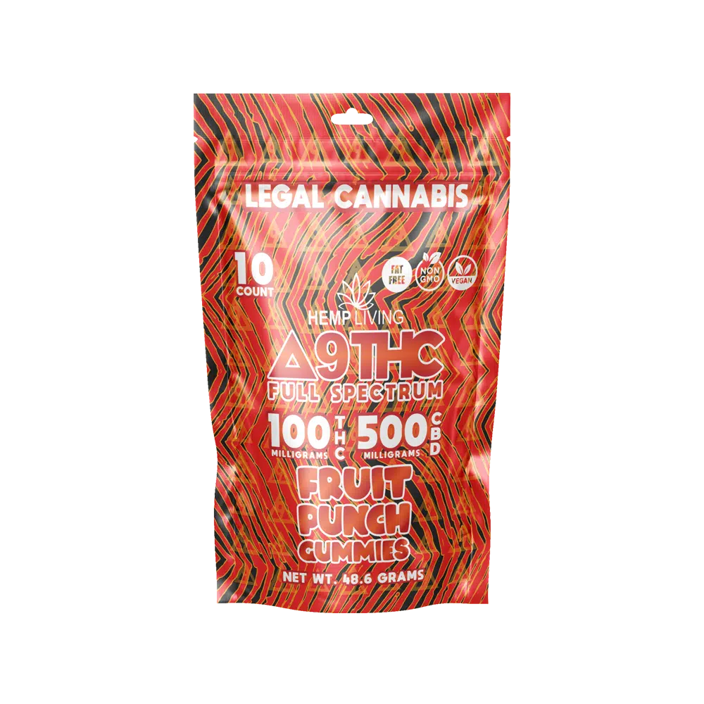 Hemp Living - Delta 9 Gummies - 10ct Pouch 100mg Delta 9 THC - Fruit Punch