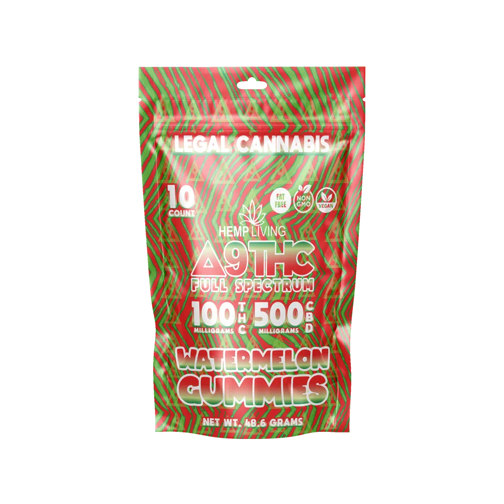 Hemp Living – Delta 9 Gummies – 10ct Pouch 100mg Delta 9 THC – Watermelon