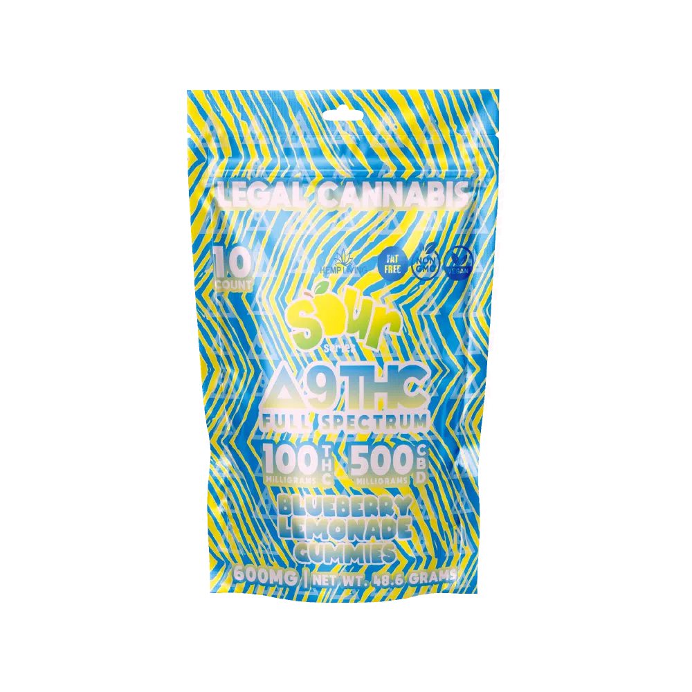 Hemp Living - Sour Series Delta 9 Gummies - 10ct Pouch 100mg Delta 9 THC - Blueberry Lemonade